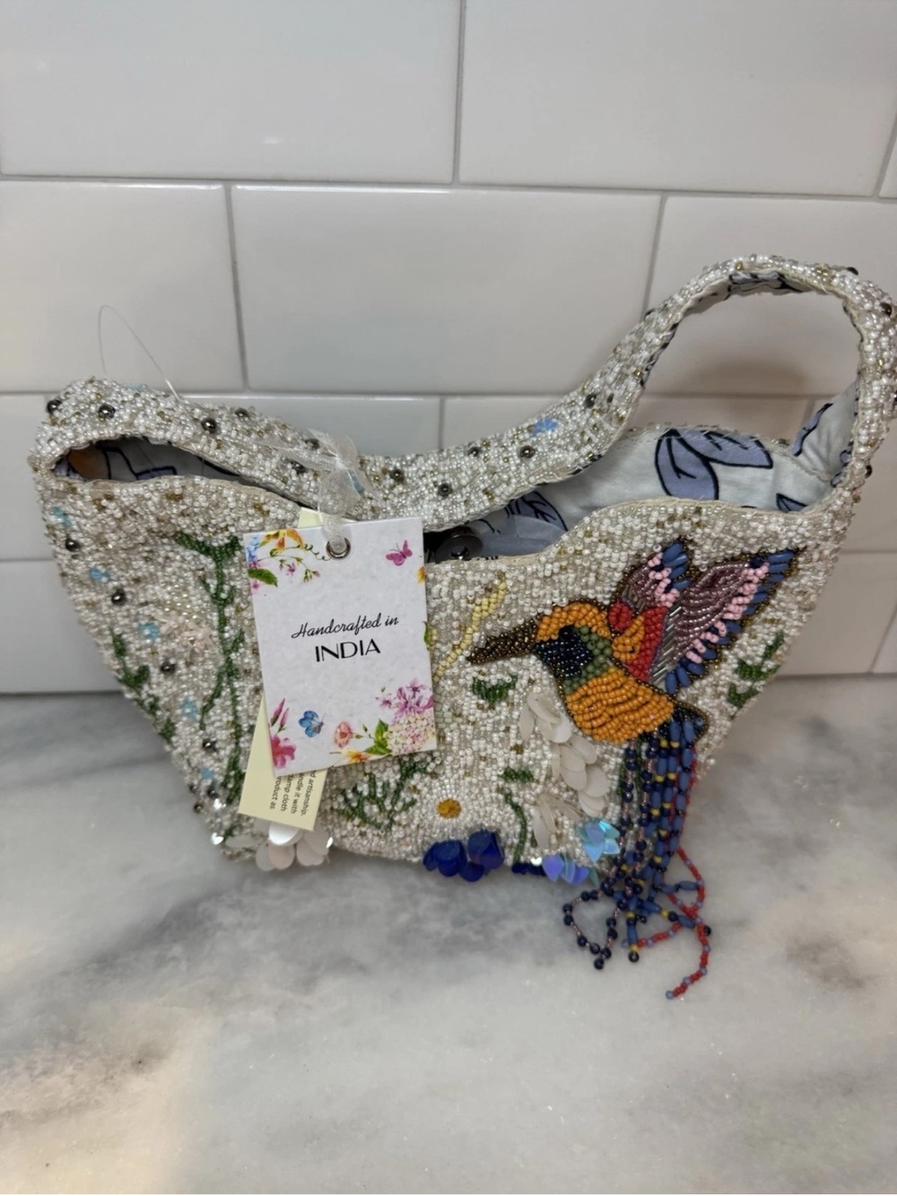 NWT Handcrafted In India Beaded Hummingbird Shoulder Bag